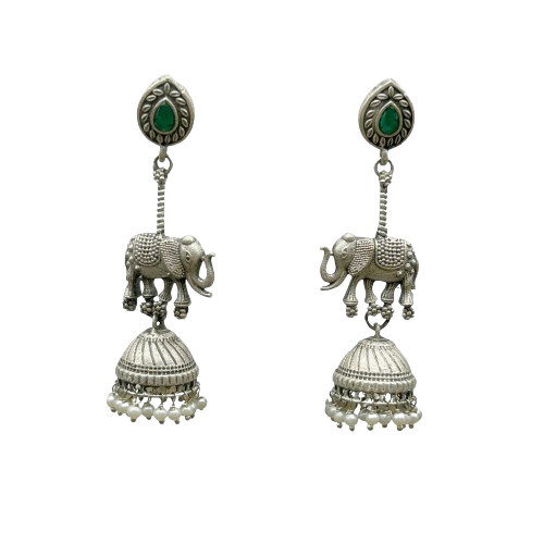 Kajaro Designs Silver Tone Animal Elephant Jhumka Earrings with Pure Brass Indian Jewelry