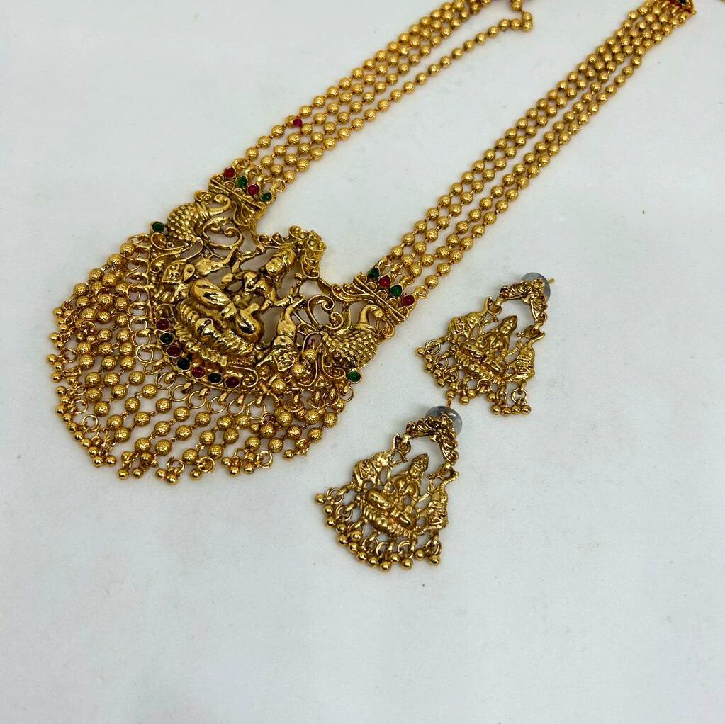 Long Beaded Chain laxmi Pendant Premium Quality Necklace set