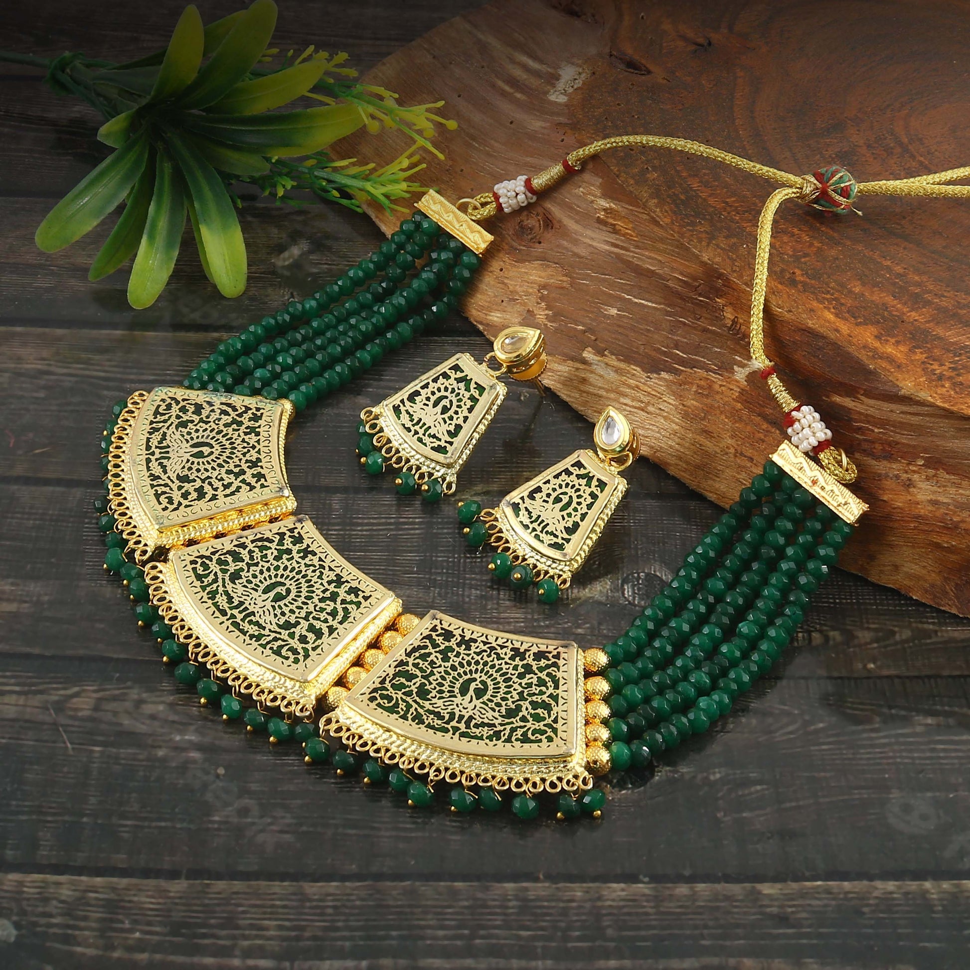 Handmade Indian Thewa Choker Necklace Set with Earrings