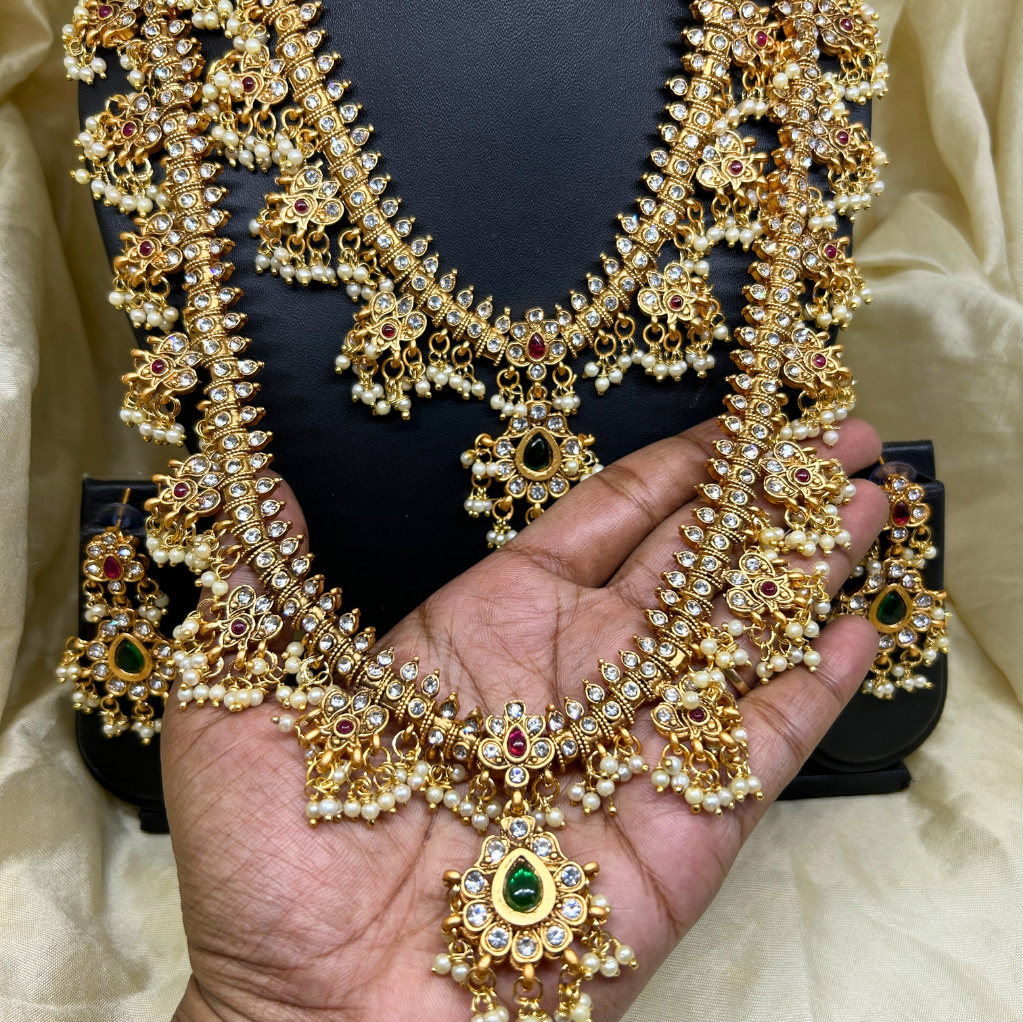 Indian Guttapusalu Necklace Set Beaded Ruby Emerald Long Necklace