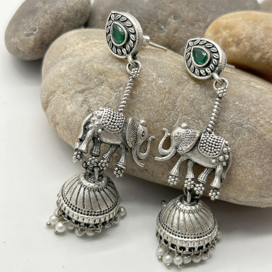 Kajaro Designs Silver Tone Animal Elephant Jhumka Earrings with Pure Brass Indian Jewelry