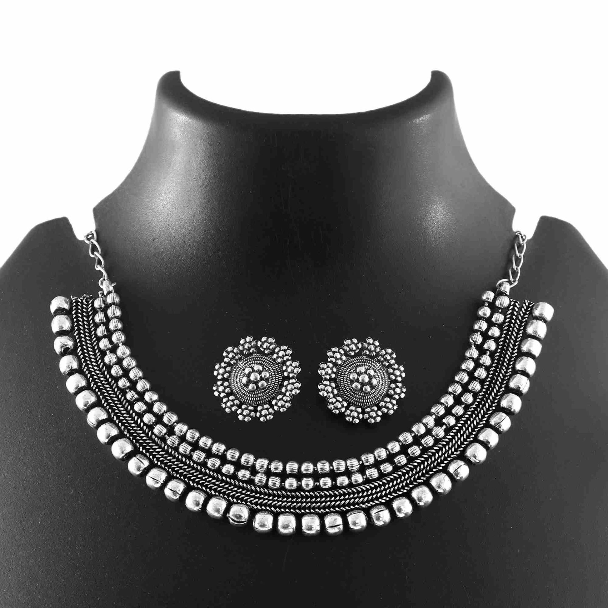 Indian Oxidized Silver Jewelry Set Ethnic Statement Necklace Traditional Jhumka Earrings Wedding Jewel for Women