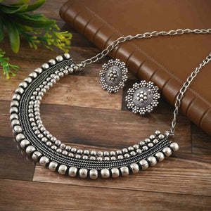 Indian Oxidized Silver Jewelry Set Ethnic Statement Necklace Traditional Jhumka Earrings Wedding Jewel for Women