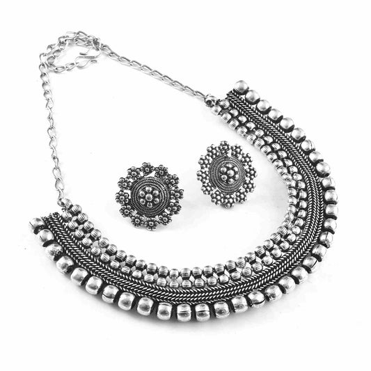 Indian Oxidized Silver Jewelry Set Ethnic Statement Necklace Traditional Jhumka Earrings Wedding Jewel for Women