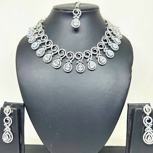 CZ Silver American Diamond Necklace set With Earrings and Maang Tikka