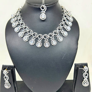 CZ Silver American Diamond Necklace set With Earrings and Maang Tikka