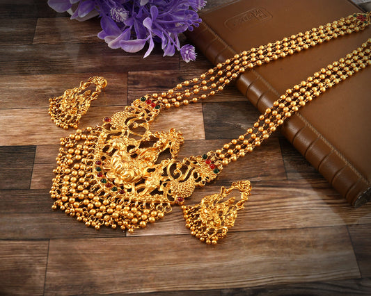 Rama Long Gold Plated Temple Necklace with Earrings