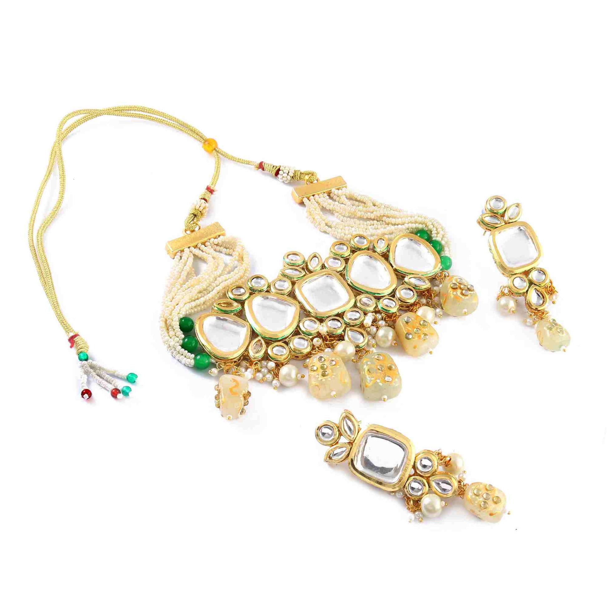 Off White Polki Kundan Choker Necklace Set with Earrings