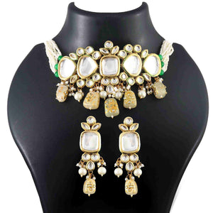 Off White Polki Kundan Choker Necklace Set with Earrings