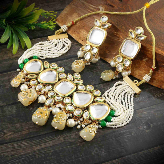 Off White Polki Kundan Choker Necklace Set with Earrings