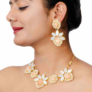 Handmade Natural Stone Druzy Matt Gold Necklace set Gemstone Earrings Indian Handmade Necklace set Jungle Agate Long Necklace for Girls