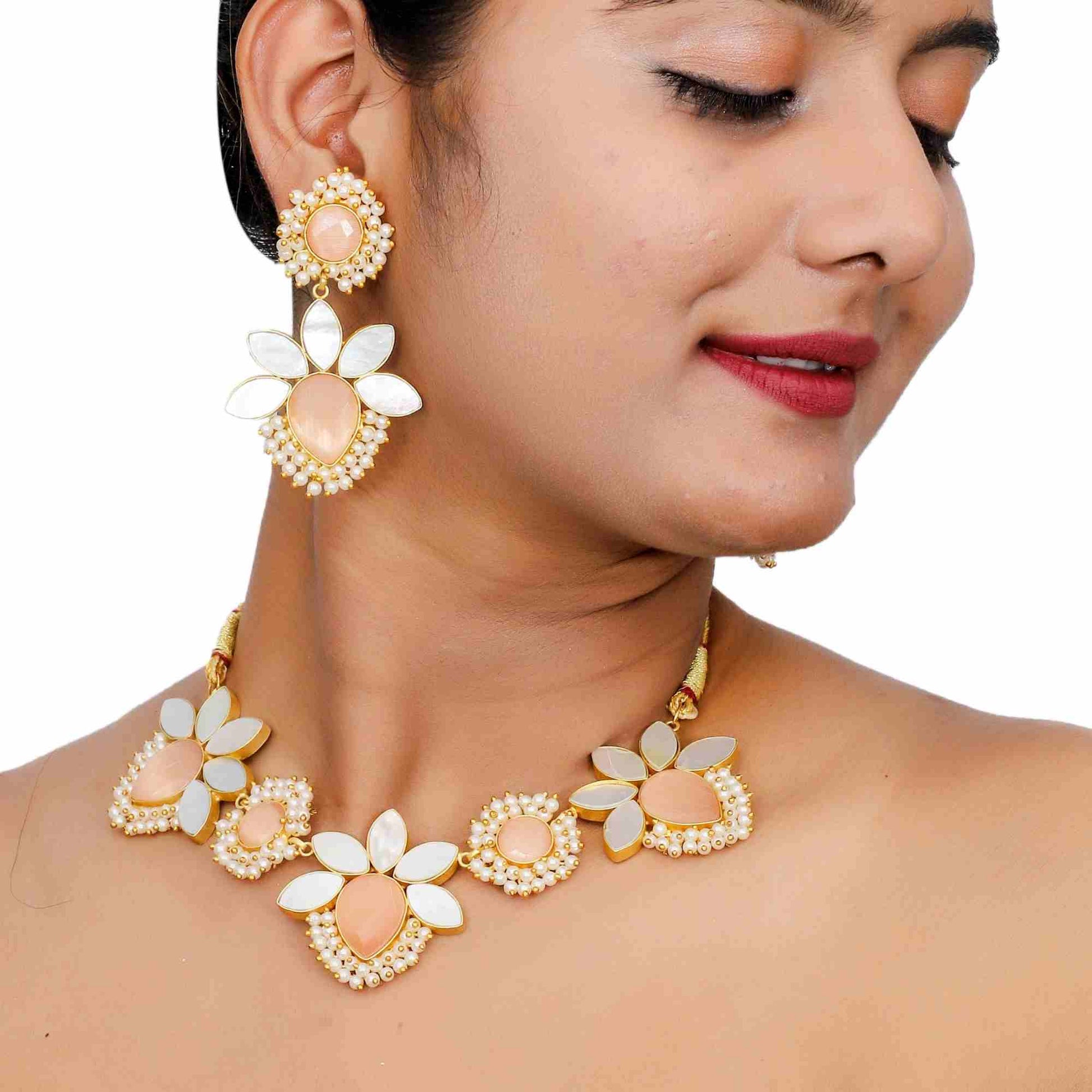 Handmade Natural Stone Druzy Matt Gold Necklace set Gemstone Earrings Indian Handmade Necklace set Jungle Agate Long Necklace for Girls