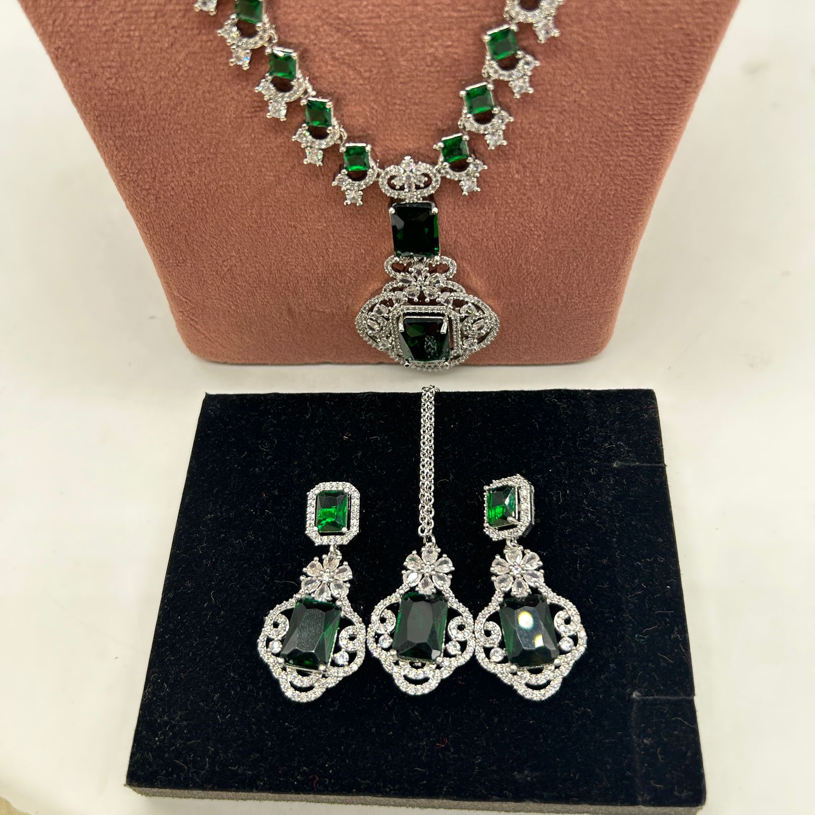 Nita Ambani Inspired Green Emerald Stone CZ Jewelry Combo Set Elegant Necklace and Earrings for Women