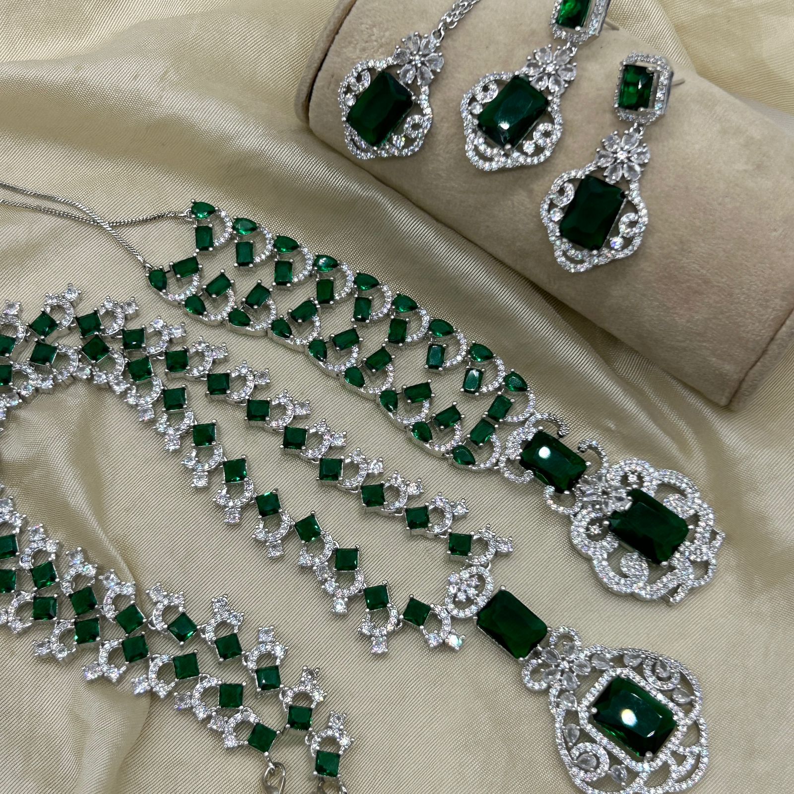 Nita Ambani Inspired Green Emerald Stone CZ Jewelry Combo Set Elegant Necklace and Earrings for Women